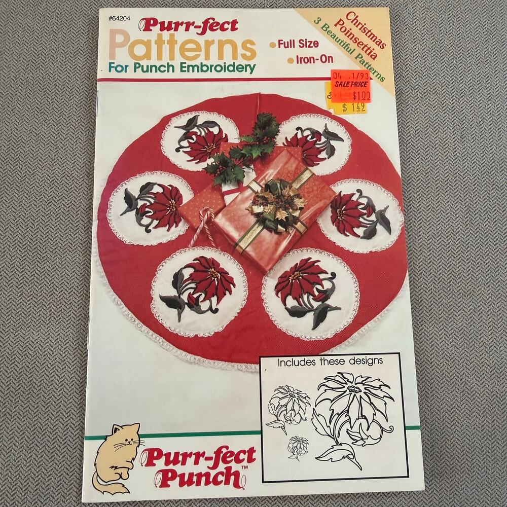 Vintage Purr-fect Punch Christmas Poinsettia Punch Embroidery Iron-On Patterns
